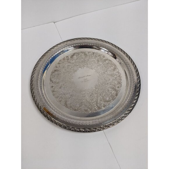 Vintage WM Rogers & Son Spring Flower #2072 Silverplated Round 15" Tray Platter - Picture 1 of 5